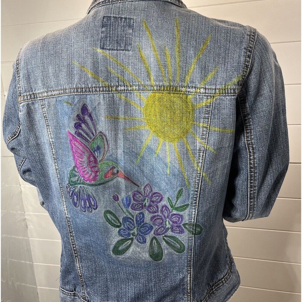 Vintage 1990's Y2K Distressed Hand Painted Hummingbird Floral Old Navy Jacket L